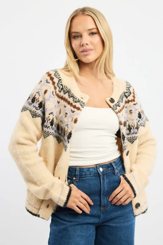 Beige Aztec Knit Cardigan Long Sleeve Crew Neck sold by Ally Fashion
