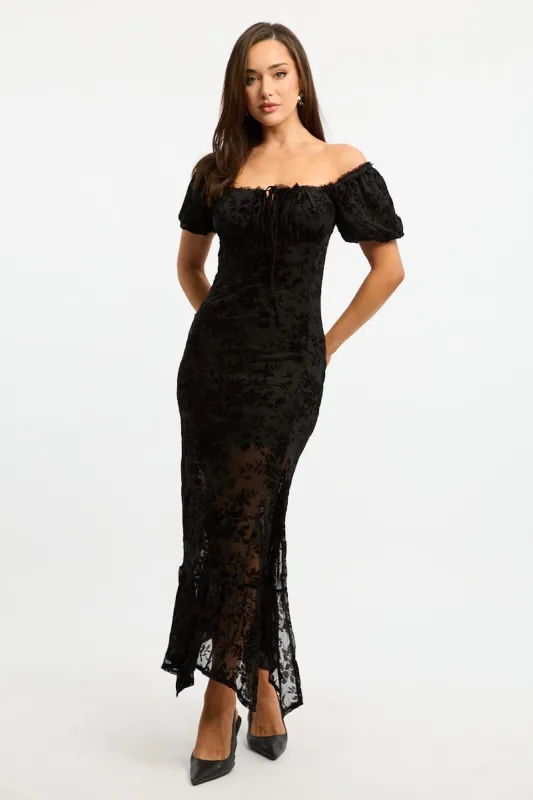 Black Midi Dress Puff Sleeve Mesh sold by Ally Fashion