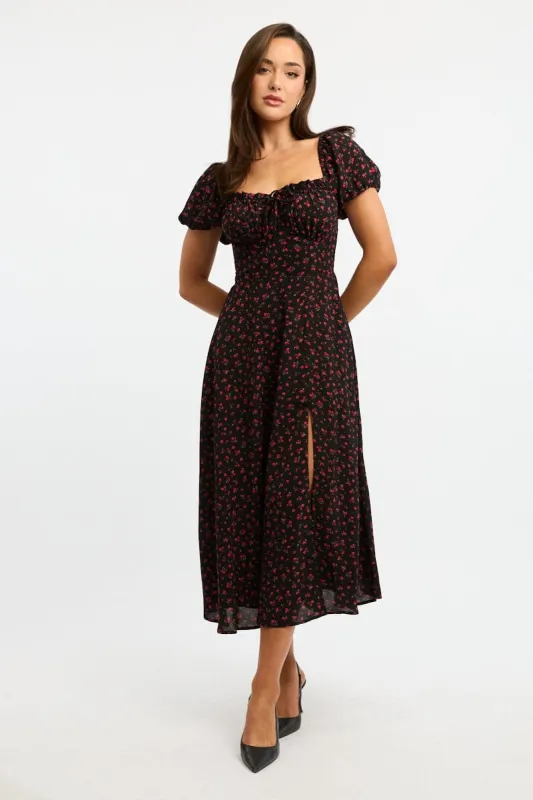 Black Ditsy Midi Dress Puff Sleeve sold by Ally Fashion