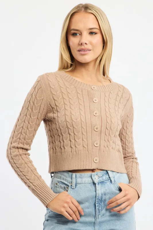 Beige Cable Knit Cardigan Long Sleeve Crew Neck sold by Ally Fashion