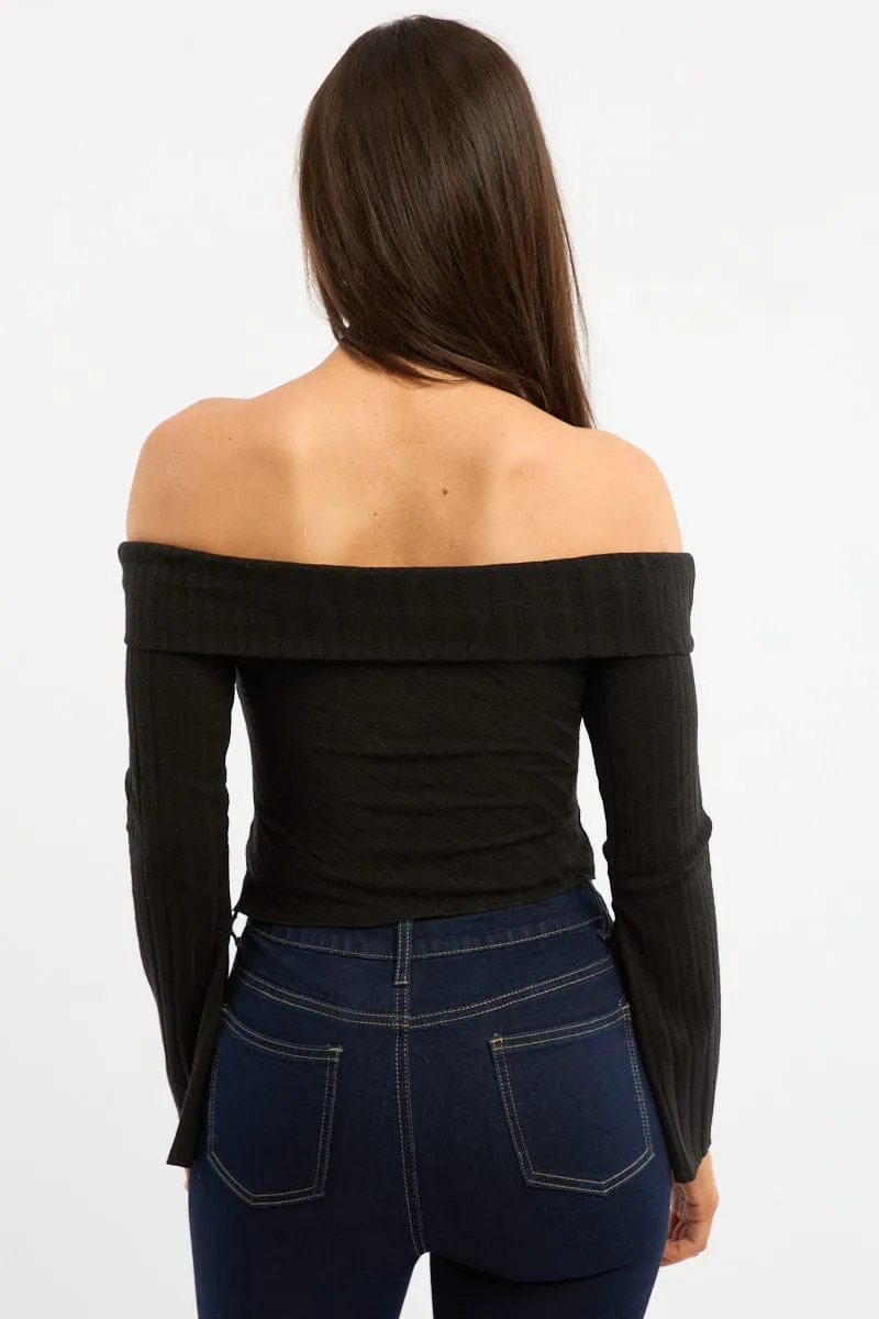 Black Off Shoulder Top Long Sleeve Ruched sold by Ally Fashion product image thumbnail 4