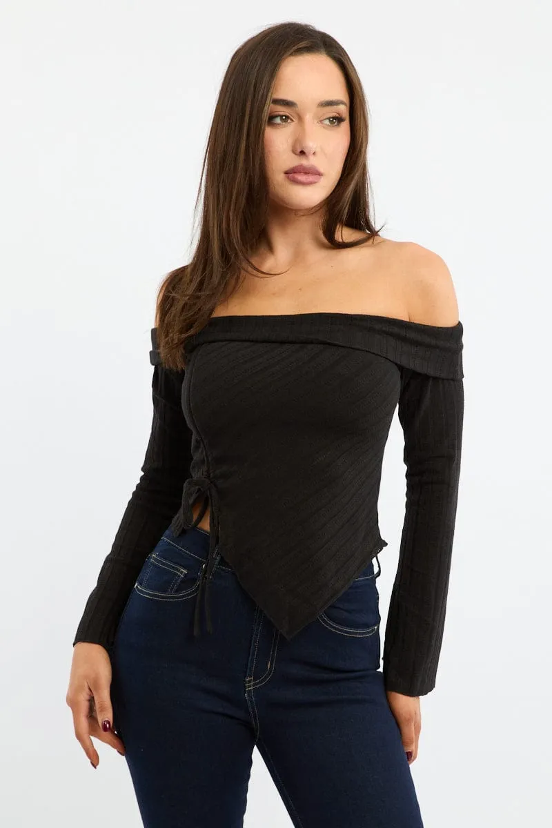 Black Off Shoulder Top Long Sleeve Ruched sold by Ally Fashion