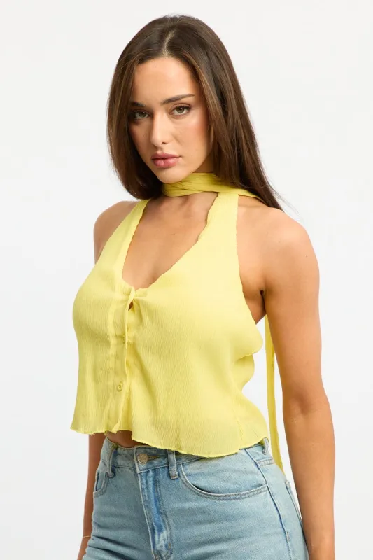 Yellow Scarf Top Sleeveless Halter Plisse Vest Detail sold by Ally Fashion
