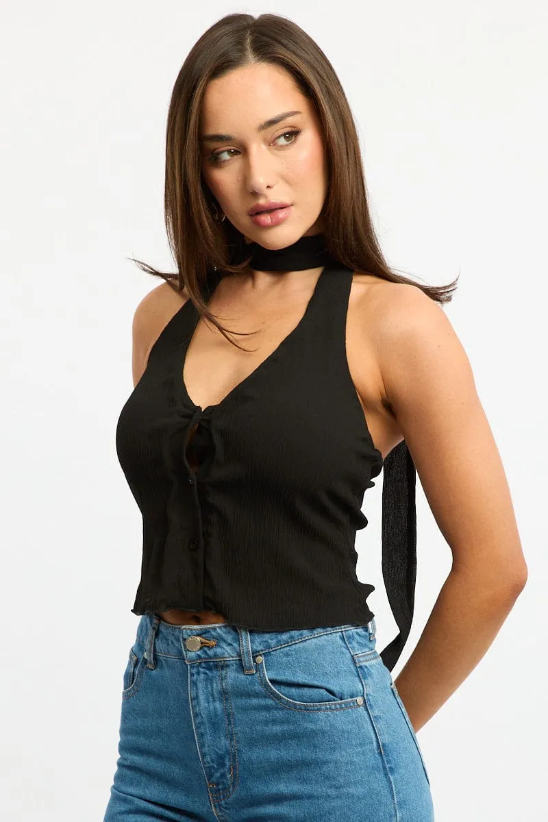 Black Scarf Top Sleeveless Halter Plisse Vest Detail sold by Ally Fashion