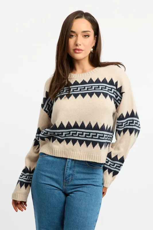 Beige Aztec Jumper Long Sleeve Crew Neck sold by Ally Fashion