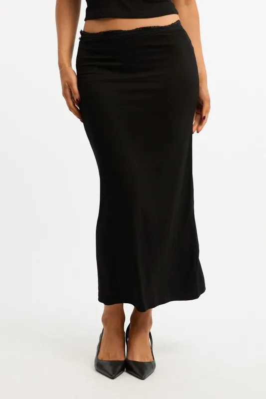 Black Maxi Skirt Elasticated Lace Trim Jersey Lined sold by Ally Fashion