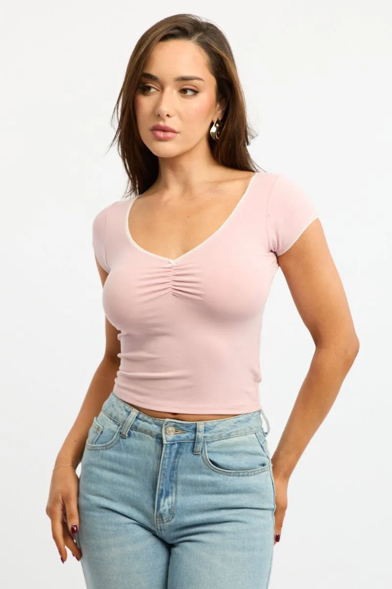 Pink T-shirt Short Sleeve V-neck Lace Trim sold by Ally Fashion