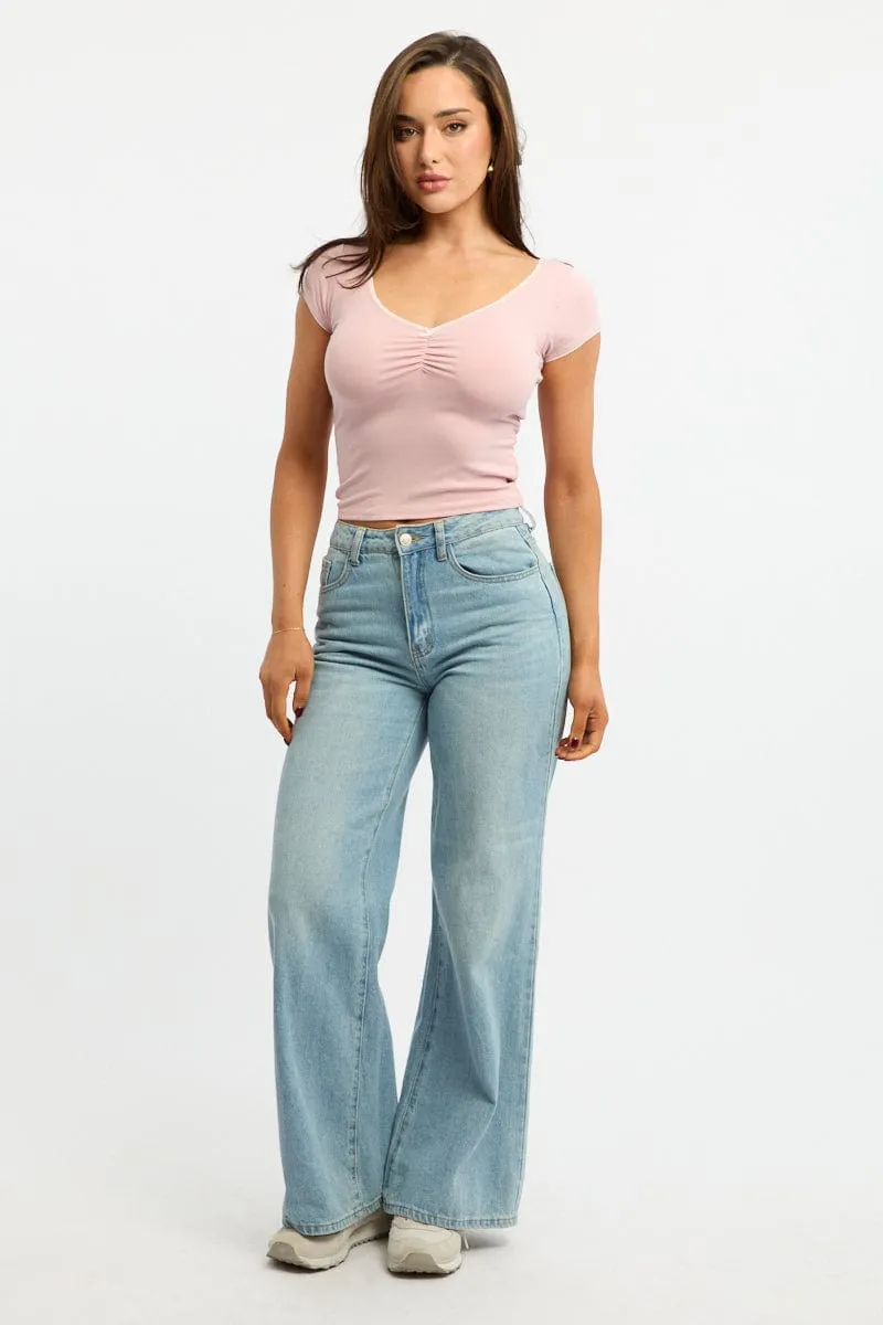 Pink T-shirt Short Sleeve V-neck Lace Trim sold by Ally Fashion product image thumbnail 2