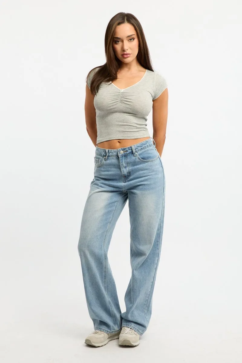 Grey T-shirt Short Sleeve V-neck Lace Trim sold by Ally Fashion product image thumbnail 2