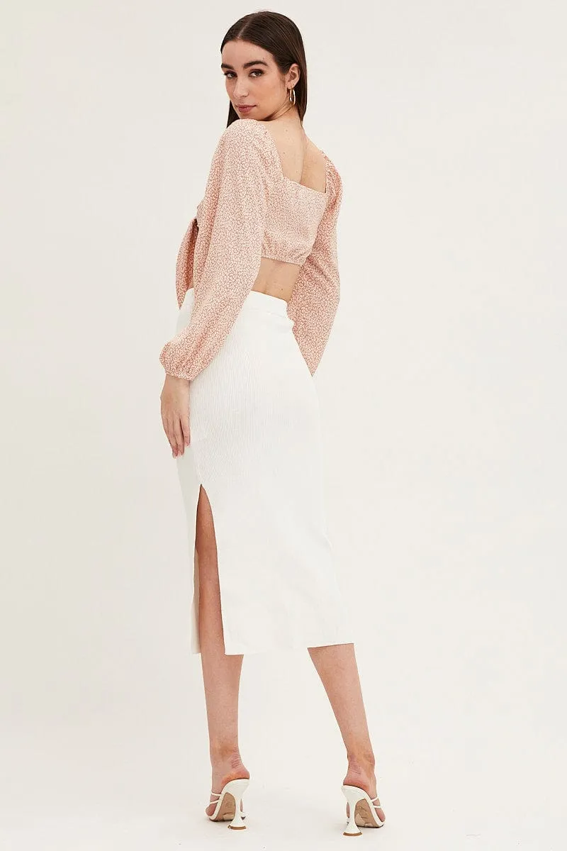 White Elastic Waist Side Split Knit Midi Skirt sold by Ally Fashion product image thumbnail 5
