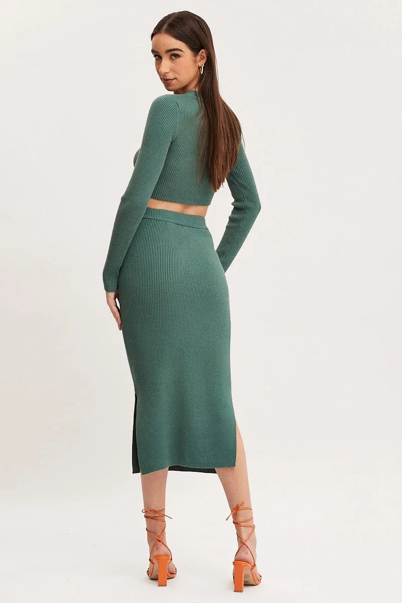 Green Knit Skirt Midi Side Split sold by Ally Fashion product image thumbnail 4