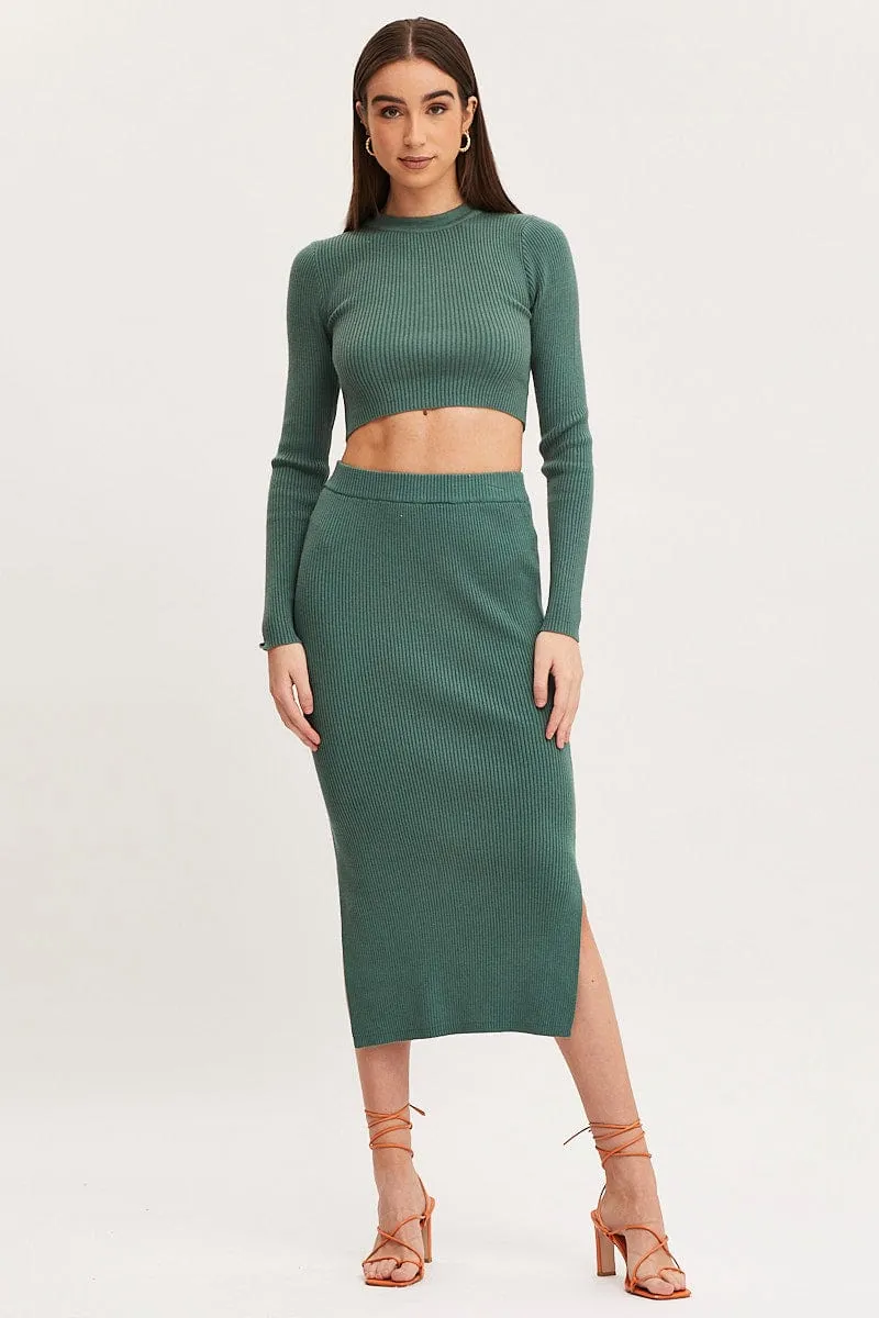 Green Knit Skirt Midi Side Split sold by Ally Fashion