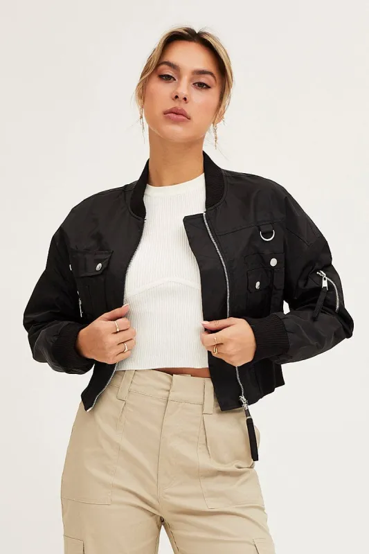 Black Long Sleeve Cropped Utility Bomber Jacket sold by Ally Fashion