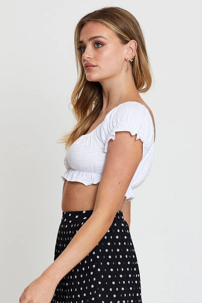 White Puff Sleeve Jersey Off Shoulder Bardot Ruffle Hem sold by Ally Fashion product image thumbnail 4