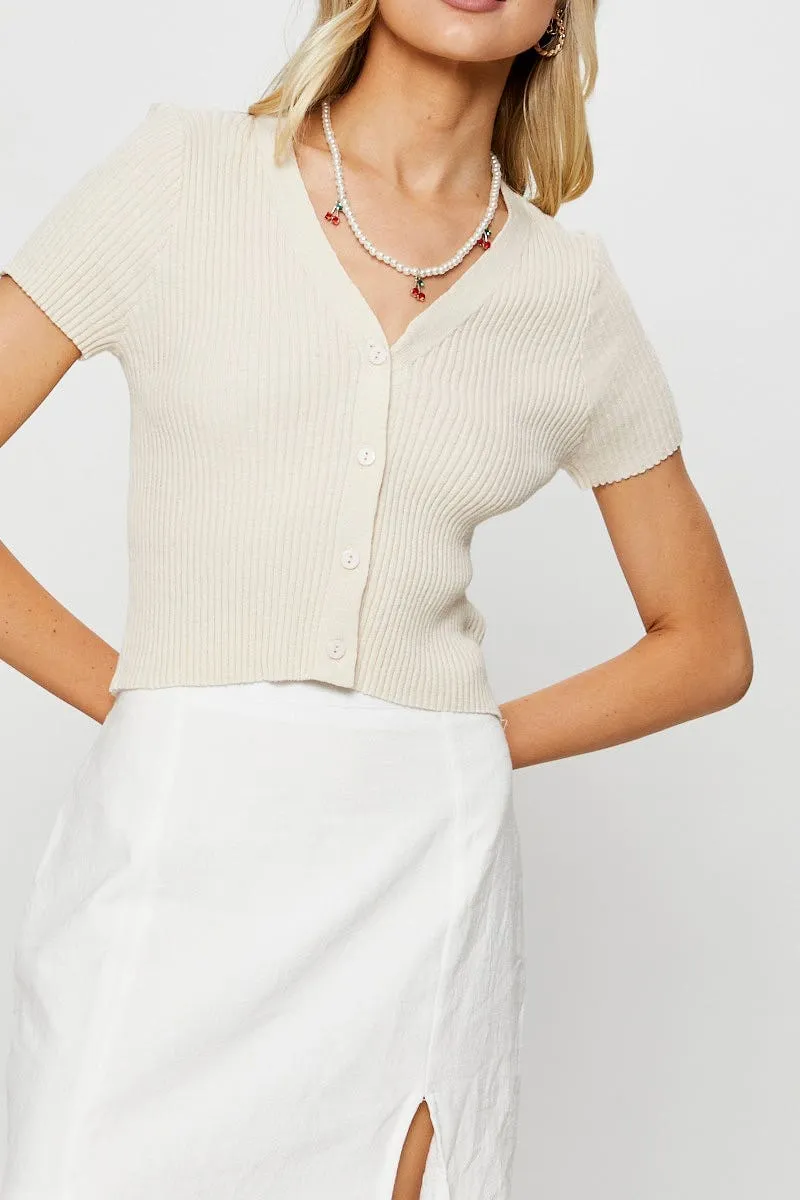 Beige Knit Cardigan Short Sleeve Crop V-Neck sold by Ally Fashion product image thumbnail 5