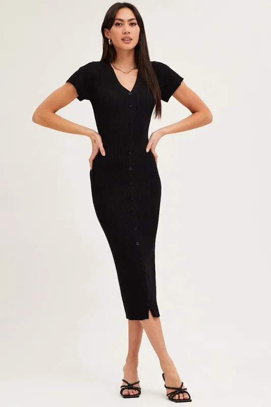 Black Button Front Bodycon Knit Dress sold by Ally Fashion