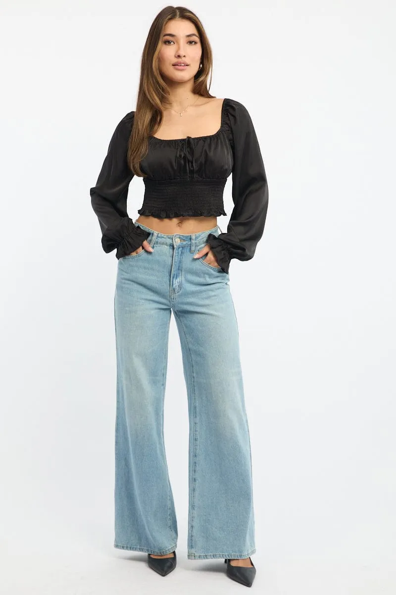 Black Shirred Top Long Sleeve Square Neck Satin sold by Ally Fashion product image thumbnail 2