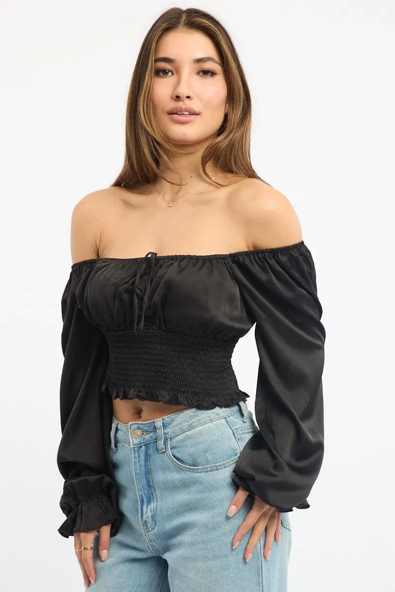 Black Shirred Top Long Sleeve Square Neck Satin sold by Ally Fashion product image thumbnail 3