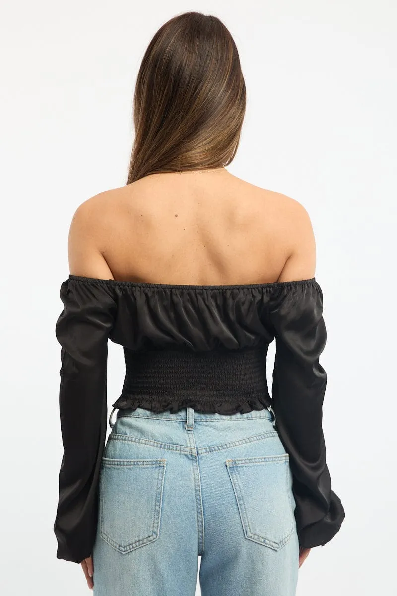 Black Shirred Top Long Sleeve Square Neck Satin sold by Ally Fashion product image thumbnail 4