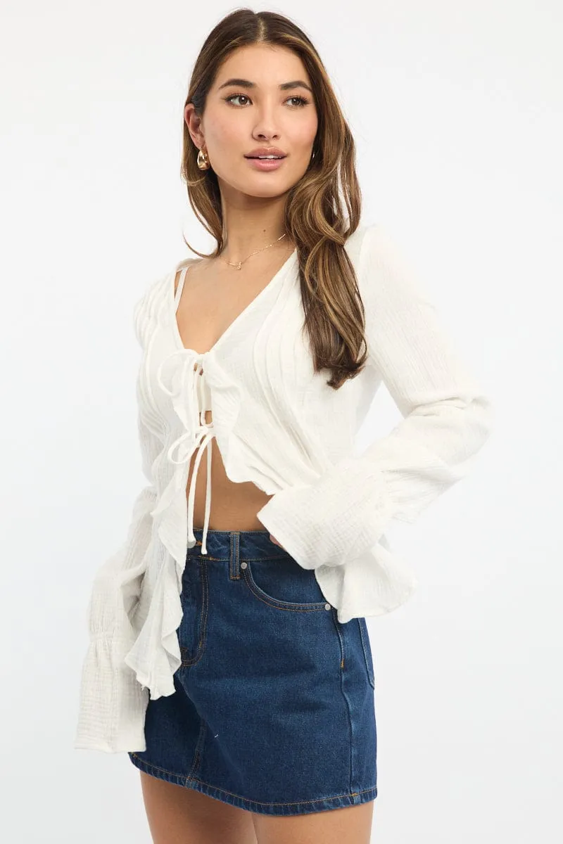 White Tie Front Top Long Sleeve Ruffled Textured sold by Ally Fashion product image thumbnail 3