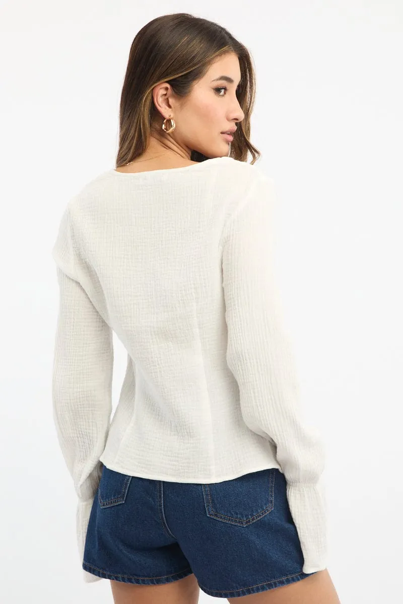 White Tie Front Top Long Sleeve Ruffled Textured sold by Ally Fashion product image thumbnail 4