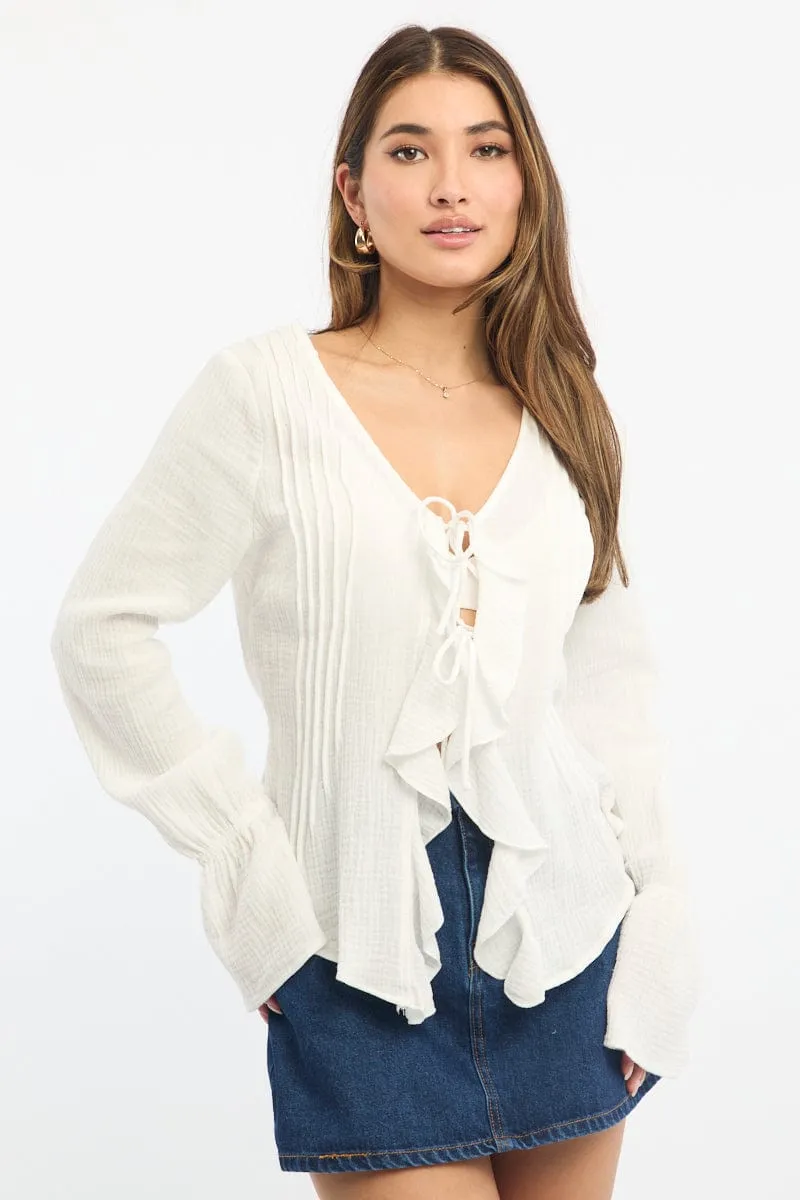 White Tie Front Top Long Sleeve Ruffled Textured sold by Ally Fashion