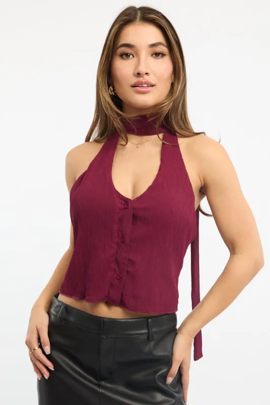 Red Scarf Top Sleeveless Halter Plisse Vest Detail sold by Ally Fashion