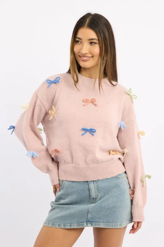 Pink Knit Top Long Sleeve Bow Trim sold by Ally Fashion
