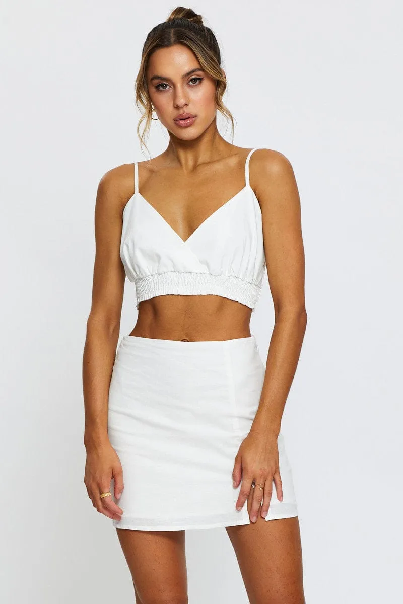 White Linen Blend Front Split Mini Skirt sold by Ally Fashion