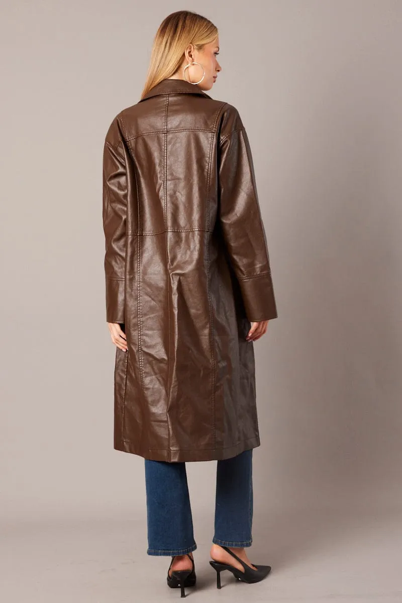 Brown Jacket Longline Collar Long Sleeve Faux Leather sold by Ally Fashion product image thumbnail 5