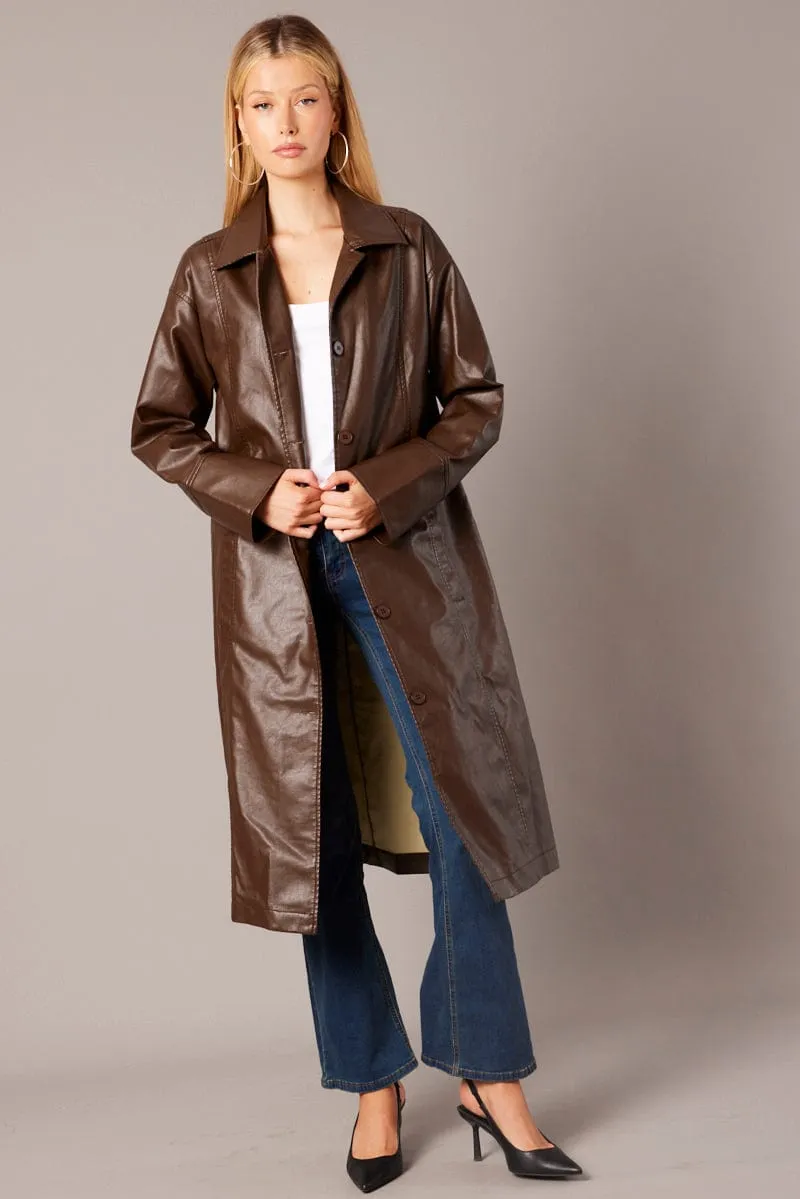 Brown Jacket Longline Collar Long Sleeve Faux Leather sold by Ally Fashion product image thumbnail 2