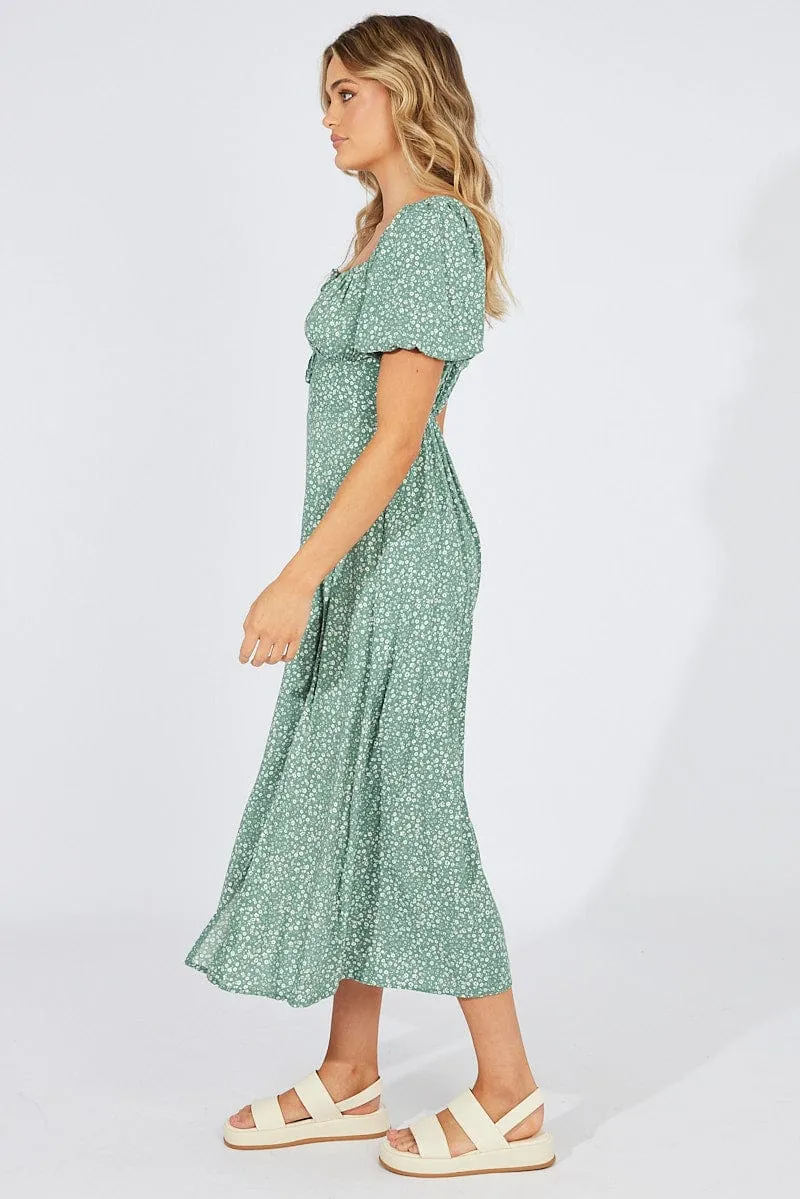 Green Floral Midi Dress Puff Sleeve Midi sold by Ally Fashion product image thumbnail 4