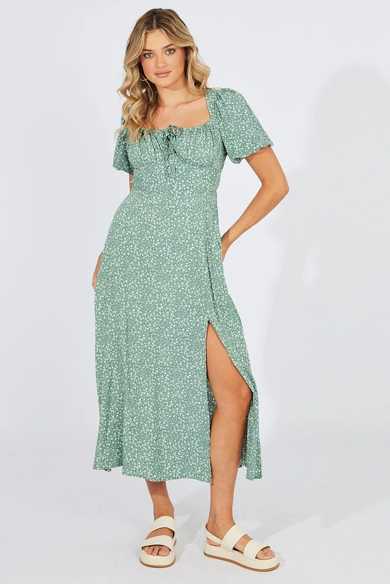 Green Floral Midi Dress Puff Sleeve Midi sold by Ally Fashion