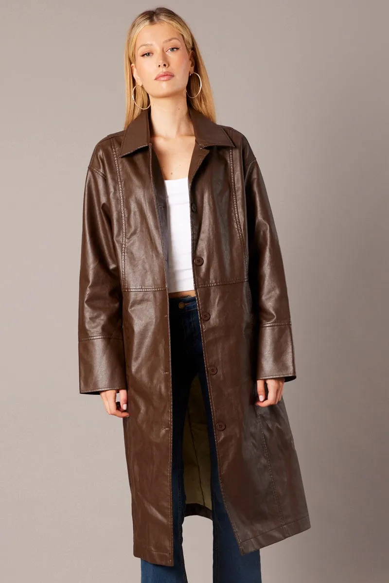 Brown Jacket Longline Collar Long Sleeve Faux Leather sold by Ally Fashion product image thumbnail 3