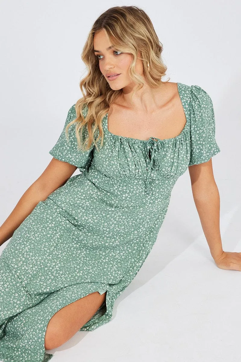 Green Floral Midi Dress Puff Sleeve Midi sold by Ally Fashion product image thumbnail 2