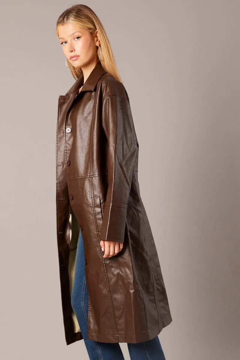 Brown Jacket Longline Collar Long Sleeve Faux Leather sold by Ally Fashion product image thumbnail 4