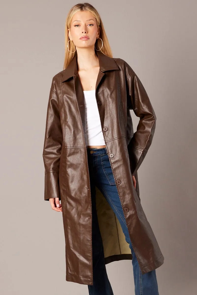 Brown Jacket Longline Collar Long Sleeve Faux Leather sold by Ally Fashion