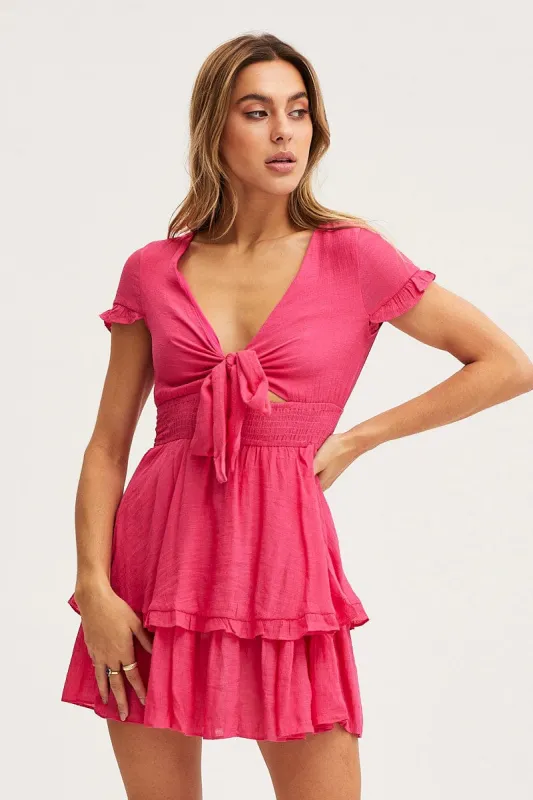 Pink Mini Dress Short Sleeve Tie Front sold by Ally Fashion