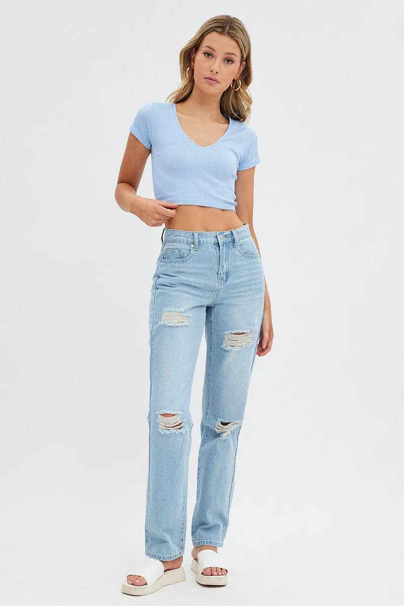 Blue T Shirt Short Sleeve V Neck Seamless sold by Ally Fashion product image thumbnail 2