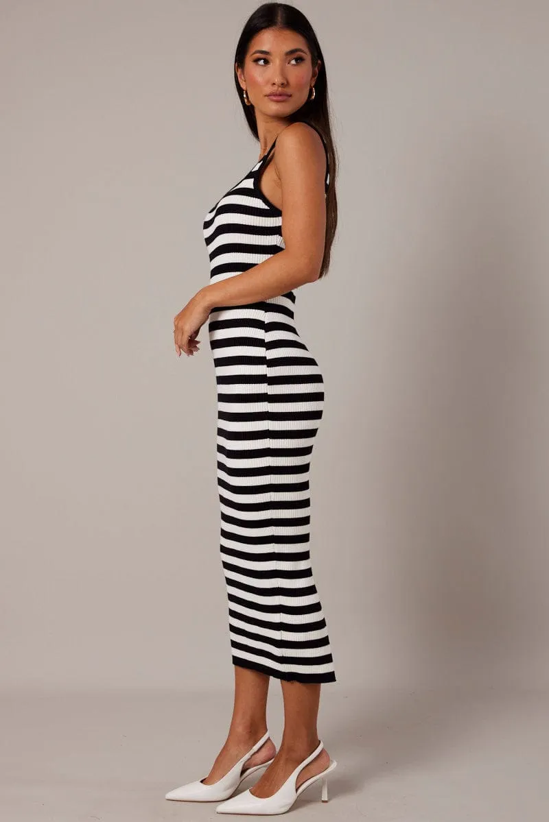 Beige Stripe Knit Midi Dress Sleeveless Scoop Neck Bodycon Rib sold by Ally Fashion product image thumbnail 4