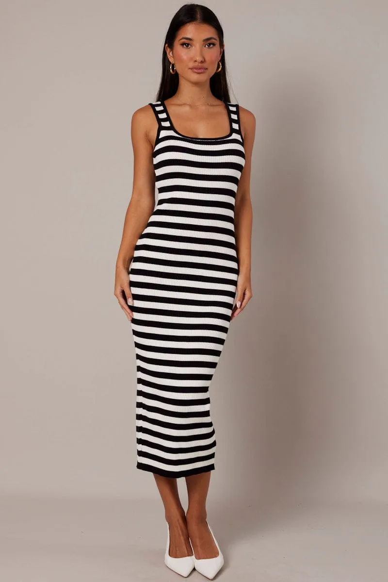 Beige Stripe Knit Midi Dress Sleeveless Scoop Neck Bodycon Rib sold by Ally Fashion