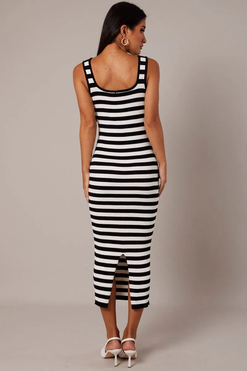 Beige Stripe Knit Midi Dress Sleeveless Scoop Neck Bodycon Rib sold by Ally Fashion product image thumbnail 5
