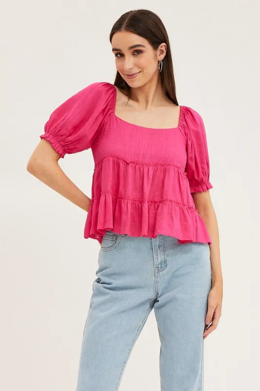 Pink Peplum Top Short Sleeve sold by Ally Fashion