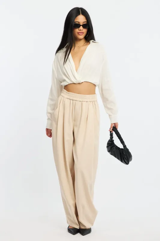 Beige Barrel Leg Pant Elastic Waist sold by Ally Fashion