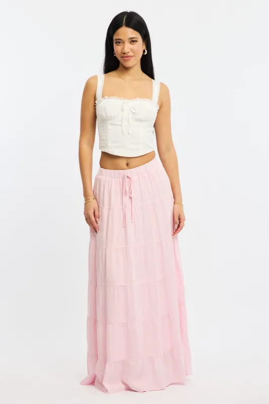 Pink Maxi Skirt Tiered High Rise Linen Blend sold by Ally Fashion