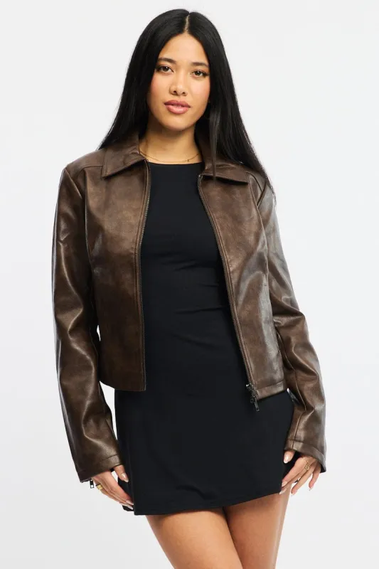 Brown Faux Leather Jacket Long Sleeve sold by Ally Fashion