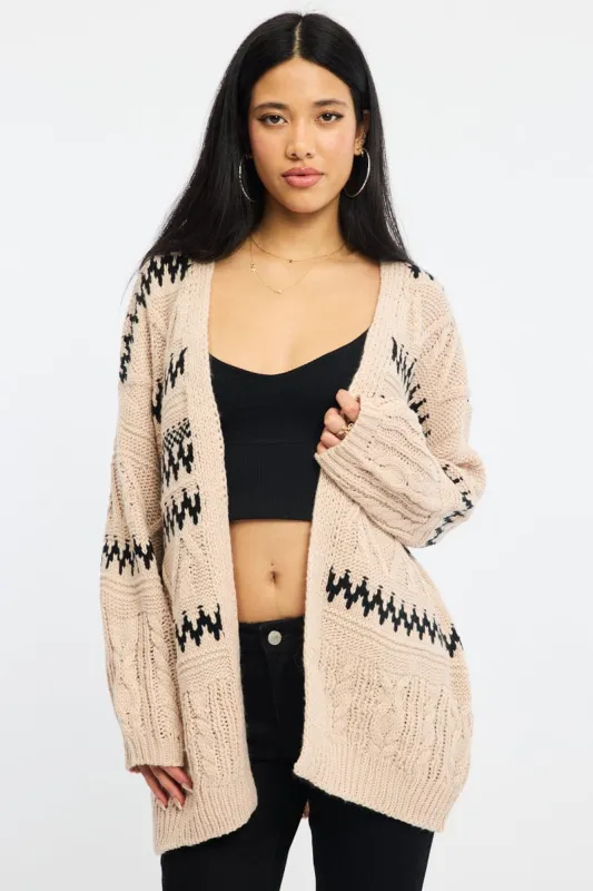 Beige Aztec Longline Cardigan sold by Ally Fashion