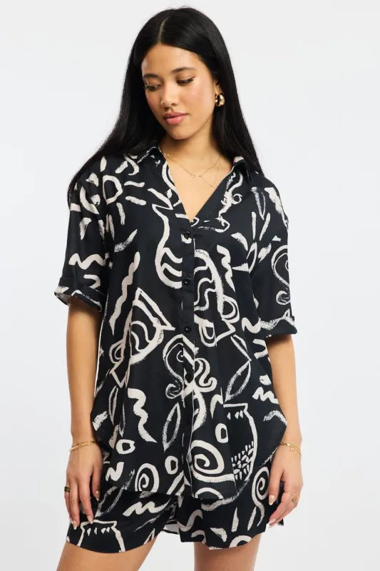 Black Abstract Relaxed Shirt Short Sleeve sold by Ally Fashion