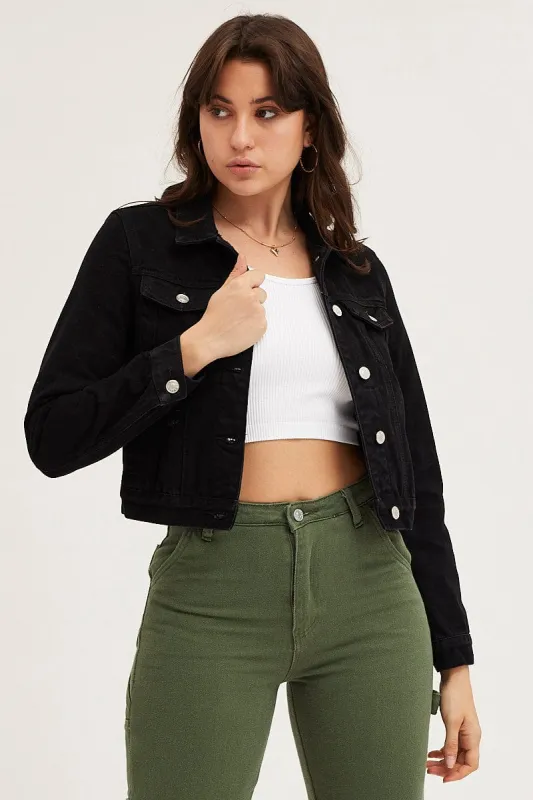Black Denim Jacket Long Sleeve Crop sold by Ally Fashion
