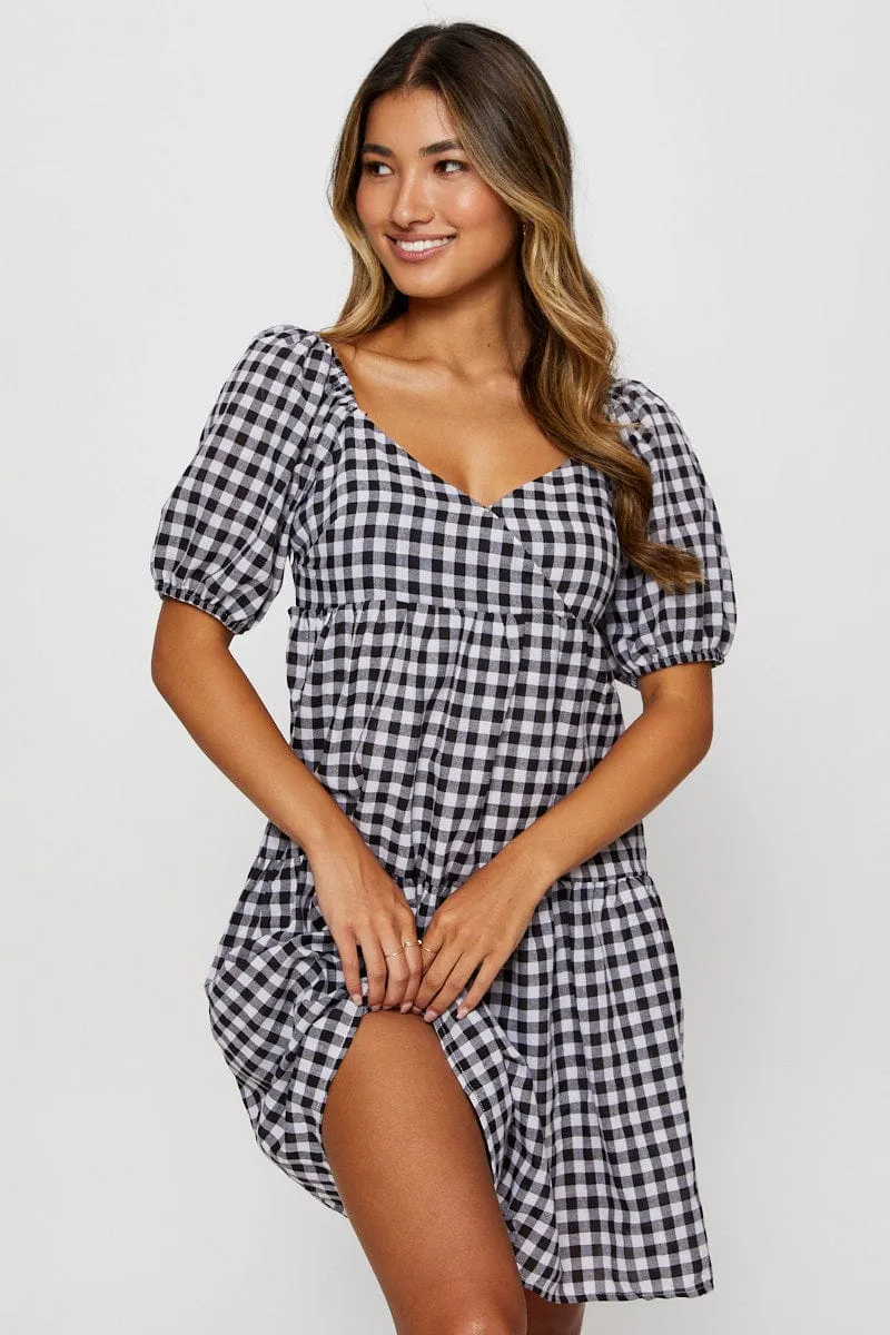 Check Fit And Flare Dress Short Sleeve Sweetheart Neck sold by Ally Fashion